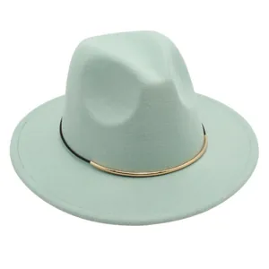 Detailed view of a mint green wool felt fedora hat featuring a gold metal trim bar