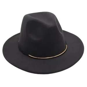 Detailed macro view of a black wool felt fedora with a decorative gold metal band