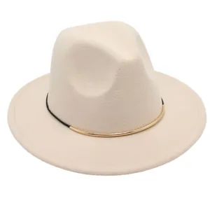 Elegant cream wool felt fedora hat with gold metal accent and black band decoration