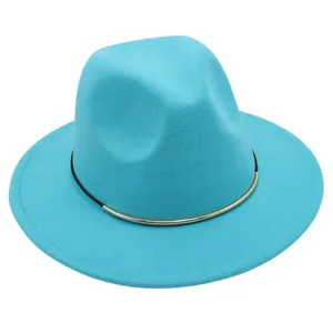 Cyan wool felt fedora hat featuring a gold metal band accent