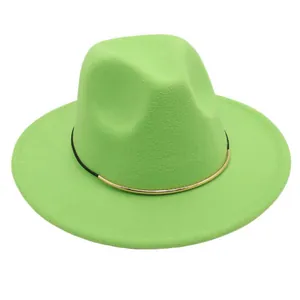Detail of a lime green wool felt fedora hat featuring a gold metal decorative band