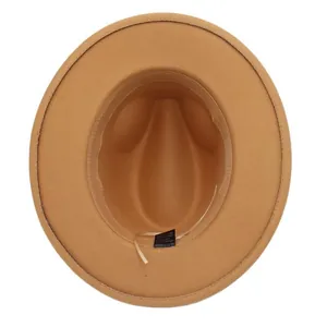 Interior view of a classic tan wool felt fedora hat showing sweatband and label detail