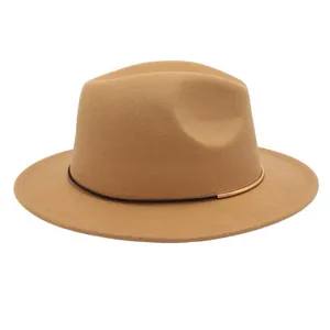 Classic camel wool felt fedora hat featuring an elegant metal ring and black band detail.