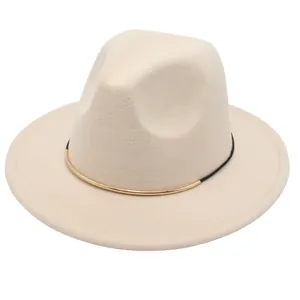 Classic beige wool felt fedora hat with an elegant gold metal trim decoration