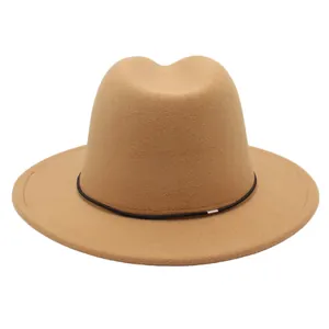 Classic wool felt fedora hat in camel with black decorative band and flat brim