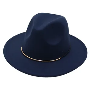 Classic navy blue wool felt fedora hat for men and women with gold metallic band