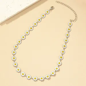 Elegant little daisy flower choker necklace with white petals and yellow floral centers