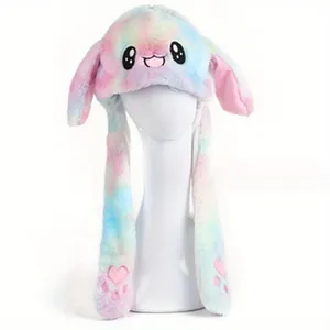 Rainbow tie-dye plush bunny hat with moving ears for cosplay and Halloween costume