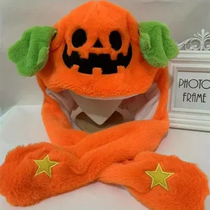 Furry orange Halloween pumpkin hat with moving ears for cosplay and festive parties