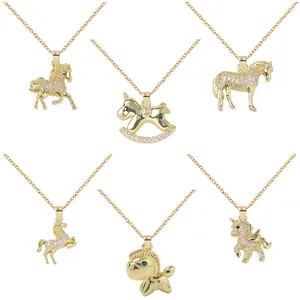 Luxury Stainless Steel Copper Rhinestone Unicorn Horse Pendant Necklace For Women 14K Gold Plated Animal Clavicle Chain Jewelry