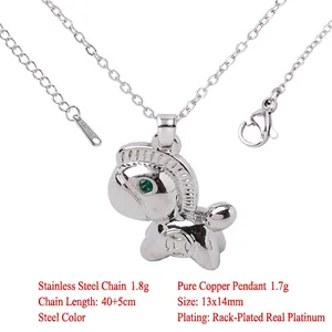 Close-up of cute 3D copper horse pendant necklace with silver stainless steel chain