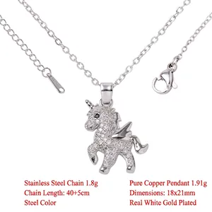 Exquisite silver unicorn pendant necklace with sparkling stones and stainless steel chain