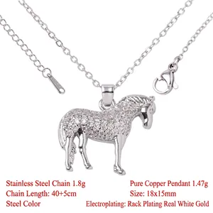Detailed view of silver horse pendant necklace with cubic zirconia and specifications