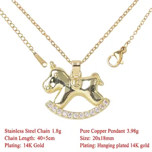 14K gold plated copper rocking horse pendant necklace with sparkling zircon for women