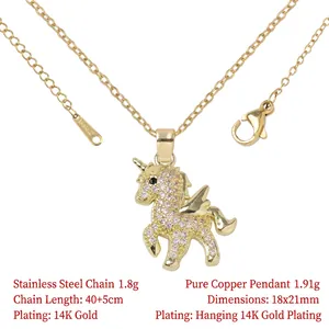 14K gold plated unicorn pendant necklace with sparkling pink rhinestones