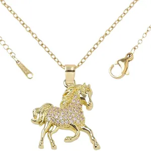 Elegant gold plated horse pendant necklace with sparkling pink zirconia crystals