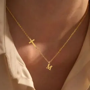 Stainless Steel Gold Plated Initial Letter Pendant Necklace With Side Cross Dainty Minimalist Choker For Women Fashion Jewelry Gift