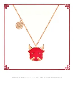 Exquisite rose gold plated zodiac ox head pendant necklace with red enamel finish
