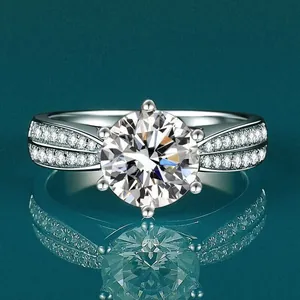 Elegant 1 carat six-prong high carbon diamond ring with side stone accents