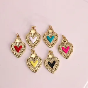 Vintage gold filigree heart pendants with colorful candy enamel centers, set of six pieces