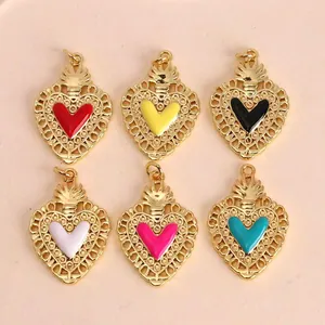 Collection of six vintage candy-colored enamel heart pendants with elegant gold filigree