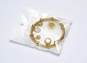 Vue détaillée d'un bracelet en fil d'acier inoxydable doré sous emballage