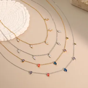Elegant multi-layered stainless steel necklace with vibrant colorful teardrop gemstones