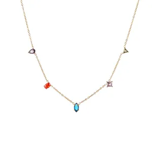 Exquisite stainless steel gold necklace adorned with vibrant multi-colored gemstones