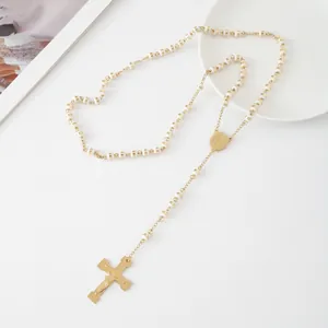 Elegant stainless steel rosary necklace with cross pendant and Saint Benedict medal centerpiece