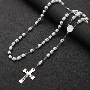 Stainless steel religious rosary necklace with white beads and silver-tone cross pendant