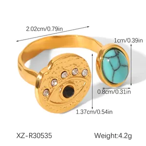 Mesures détaillées de la bague rétro en acier inoxydable œil protecteur et turquoise