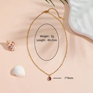Detail view of gold titanium steel necklace with purple oval pendant and dimensions