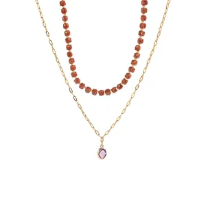 Double-layered goldstone bead titanium steel necklace with purple oval glass pendant