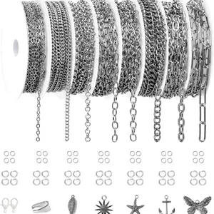 Kit de Chaîne en Fer et Alliage de Zinc Plaqué K Blanc pour Création de Bijoux Avec Pendentifs Fermoirs Anneaux