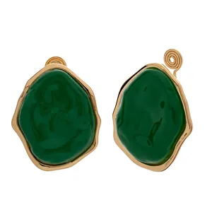 Elegant irregular geometric green enamel clip-on earrings with gold-tone metal frames