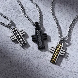 Men's stainless steel cross pendants with industrial checkerboard inlay on box chains