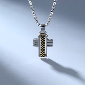 Men's stainless steel cross pendant necklace with black and gold checkered detail.
