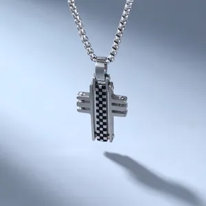 Men's stainless steel cross pendant necklace with checkered pattern inlay