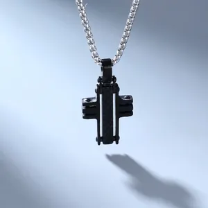 Minimalist black stainless steel cross pendant necklace for men with silver chain
