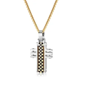 Minimalist men's titanium steel cross pendant necklace with gold and silver checkered inlay