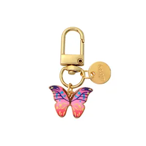 Exquisite gold colorful enamel butterfly keychain with an engraved Love charm for bags