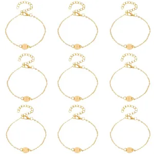 Gold chain bracelet with engraved initial letter round charm for personalized style