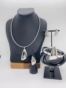 Full detailed view of elegant silver stainless steel jewelry set with necklace and ring