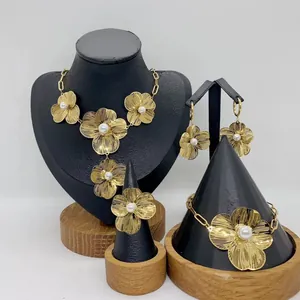 Luxury Stainless Steel Jewelry Set For Women Polished Gold Silver Floral Geometric Artificial Pearl Rhinestone Necklace Earrings Bracelet Ring Set