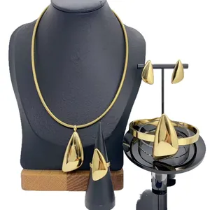 Gold polished stainless steel jewelry set with necklace earrings ring and bangle