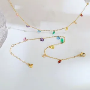 Fashion Women Stainless Steel Bracelet Colorful Zirconia Inlaid Gold Plated Rainbow Chain For Daily Wear Jewelry Gift