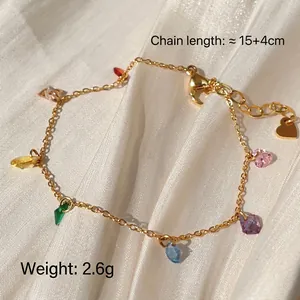 Gold titanium steel bracelet with multi-color zircon charms and adjustable chain