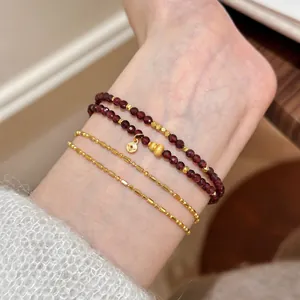 Natural Garnet Double Layer Beaded Bracelet Vintage Light Luxury Dark Red Stone Stacking Jewelry With Gourd Coin Pendants For Women