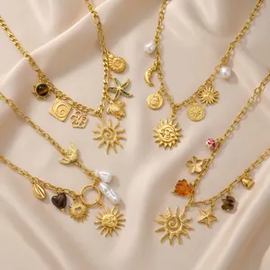 Colliers à breloques en acier inoxydable doré avec pendentifs soleil et lune