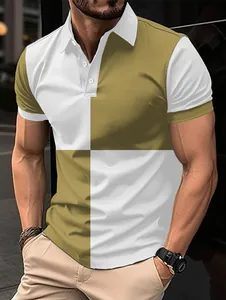 Men's casual short sleeve polo shirt with white and olive green color-block design